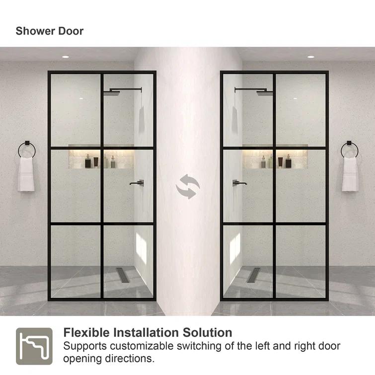 Hermitage Bath Hilma 34 In. W X 72 In. H Fixed Framed Shower Door In Matte Black Finish With Patterned Glass 1010A-HBMB