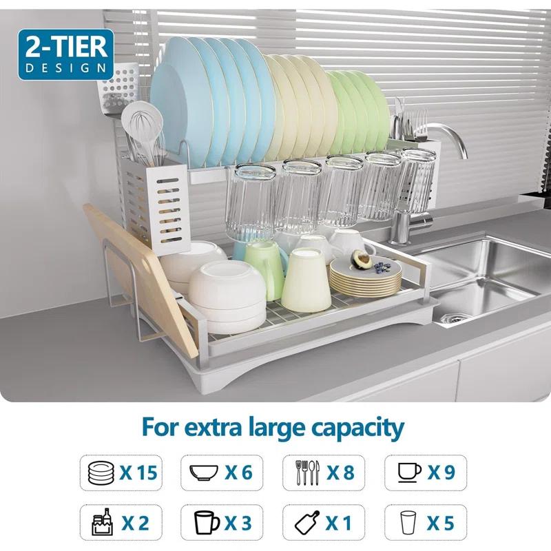 THE GLAMOUR BOUTIQUES Dish Drying Rack: 2 Tier Dish Racks For Kitchen Counter - Large Rust Proof Dish Drying Rack With Aluminum - Detachable Dish Drainer Organizer With Utensil Holders Drainboard Silver