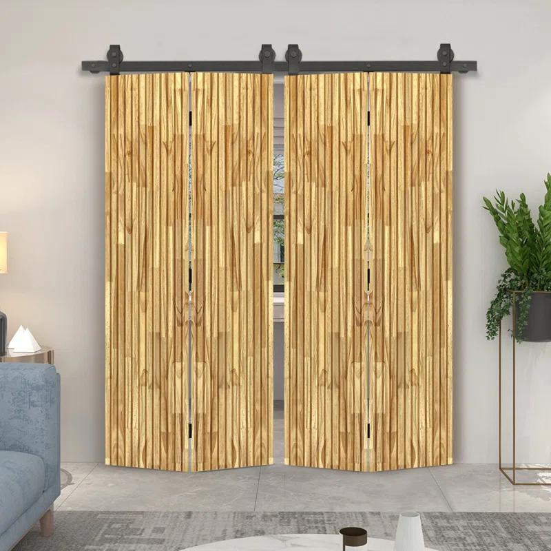 Calhome Japanese Series Stained Pine Wood Bi-Fold Barn Door with Sliding Hardware Kit