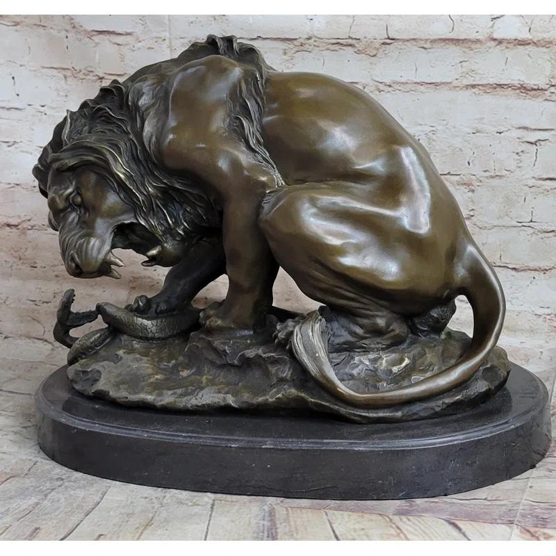 Bungalow Rose Lion Vs. Imitative Snake Bronze Statue Sculpture Figure By Antoine Barye On Marble Base