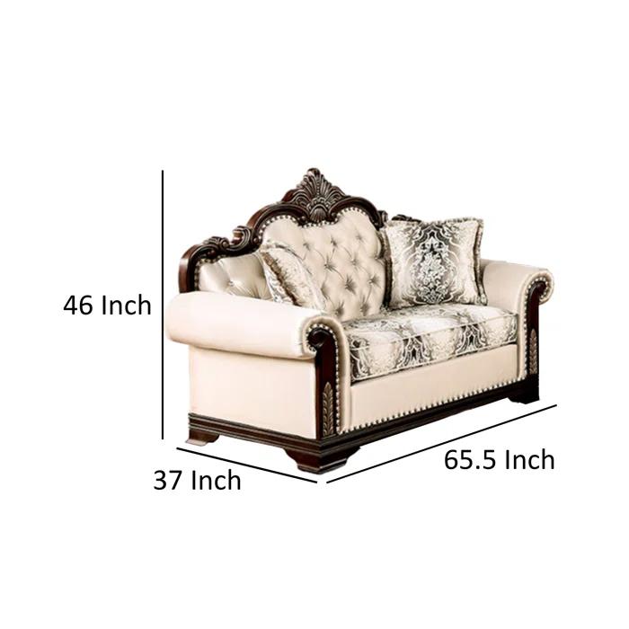 Benjara Catie 66 Inch Loveseat, Beige, Nailhead Trim, Cherry Brown Solid Wood