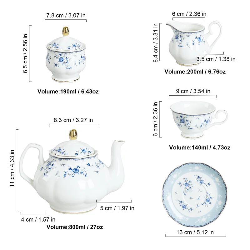Bloomsbury Market 15 Piece Blue Rose Porcelain Tea Set, British Floral Teapot With Tea Cups, Women Tea Party Set For 6