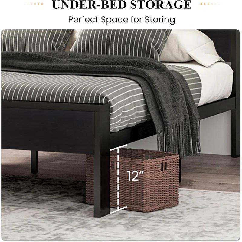17 Stories 14 Inch Queen Size Metal Platform Bed Frame with Wooden Headboard and Footboard,No Box Spring Needed
