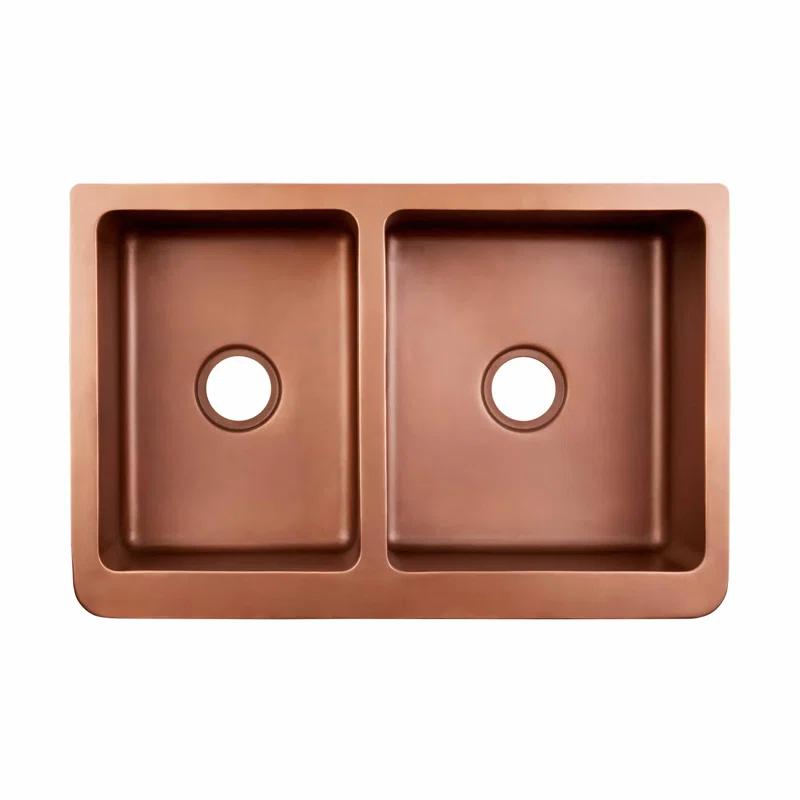 Signature Hardware 318919 33" Vine Design 60/40 Offset Double-Bowl Copper Farmhouse Sink