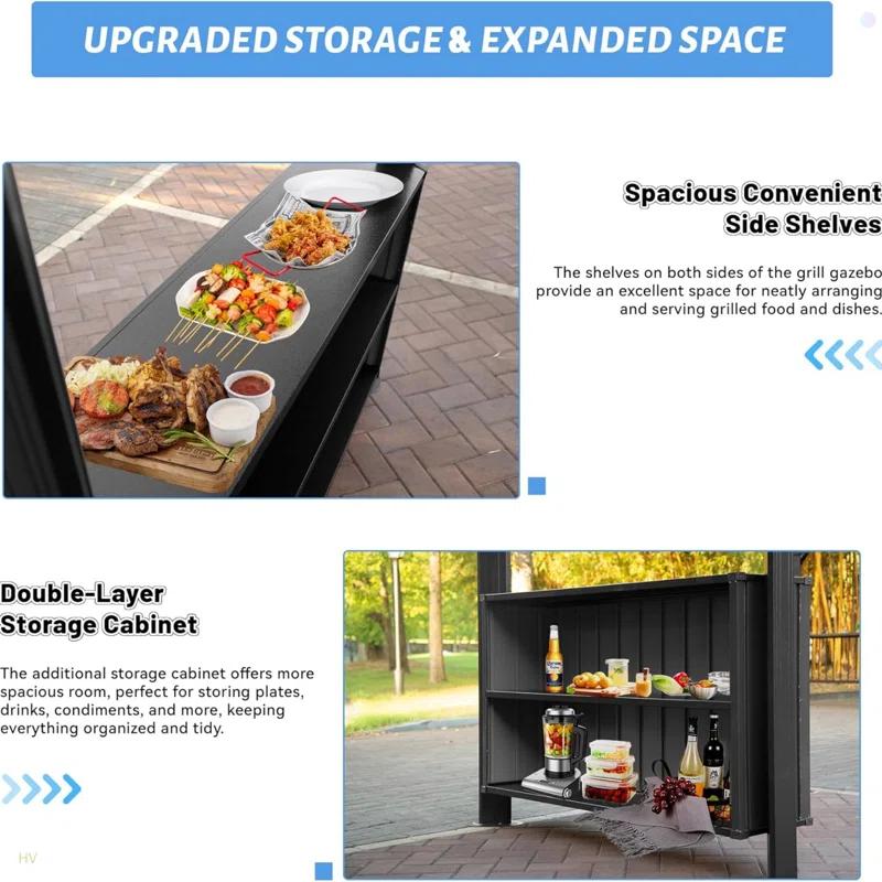 VODYXSEP Hardtop Grill Gazebo, Outdoor BBQ Gazebo With Double Galvanized Steel Roof, Patio Grill Canopy With 2 Cabinets And Ceiling Hooks For Backyard, Lawn, Garden