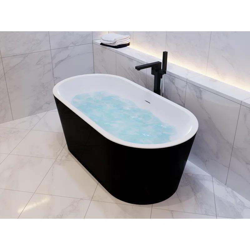 ANZZI FT-AZ098-59BK ANZZI Chand Series 59 Inch Acrylic Freestanding Pre-Plumbed Solid Deep Soaker Stand Alone Bathtub With Built-In Overflow And Drain In Black/White