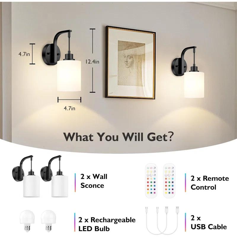 Latitude Run® Battery Operated Wall Sconce Set Of 2, Wireless Rechargeable Wall Lights, Glass Wall Lamps With Remotes And Dimmable RGB LED Bulbs, No Wiring Indoor Sconces Wall Decor For Bedroom Living Room Hallway