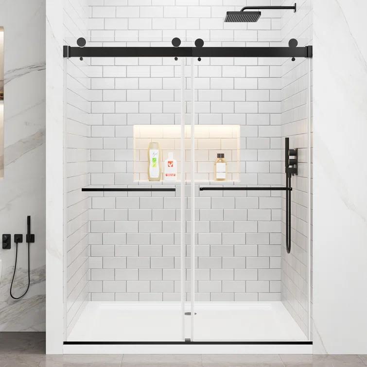 Rizzon 56-60 " W X 76 " H Double Sliding Frameless Shower Door  5/16" Tempered Glass, Stainless Steel Hardware | Wayfair