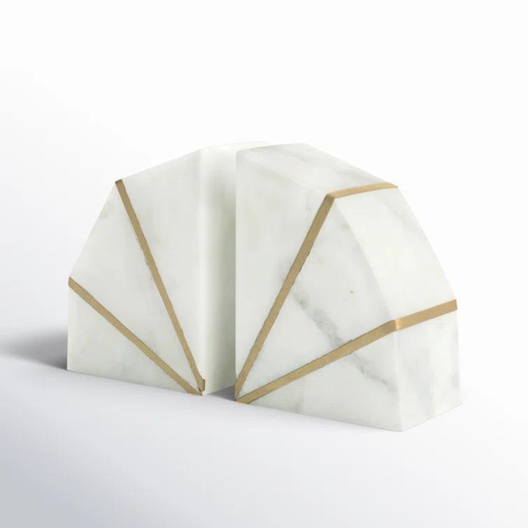 Willa Arlo™ Interiors Marble Bookends Contemporary White and Gold Accent Decorative Bookends Book Display (Set of 2)