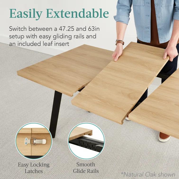 George Oliver Joglar 47 to 63in Modern Extendable Dining Table for 2-6 People w/ Leaf Extension, 2 Locks