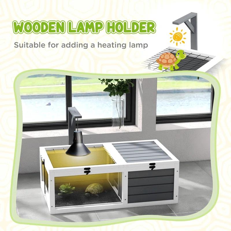 Tucker Murphy Pet™ Tortoise Habitat, Wooden Tortoise House, Indoor Outdoor Tortoise Enclosure With Lamp Holder, Pull-Out Waterproof Trays, Openable Lids, Gray