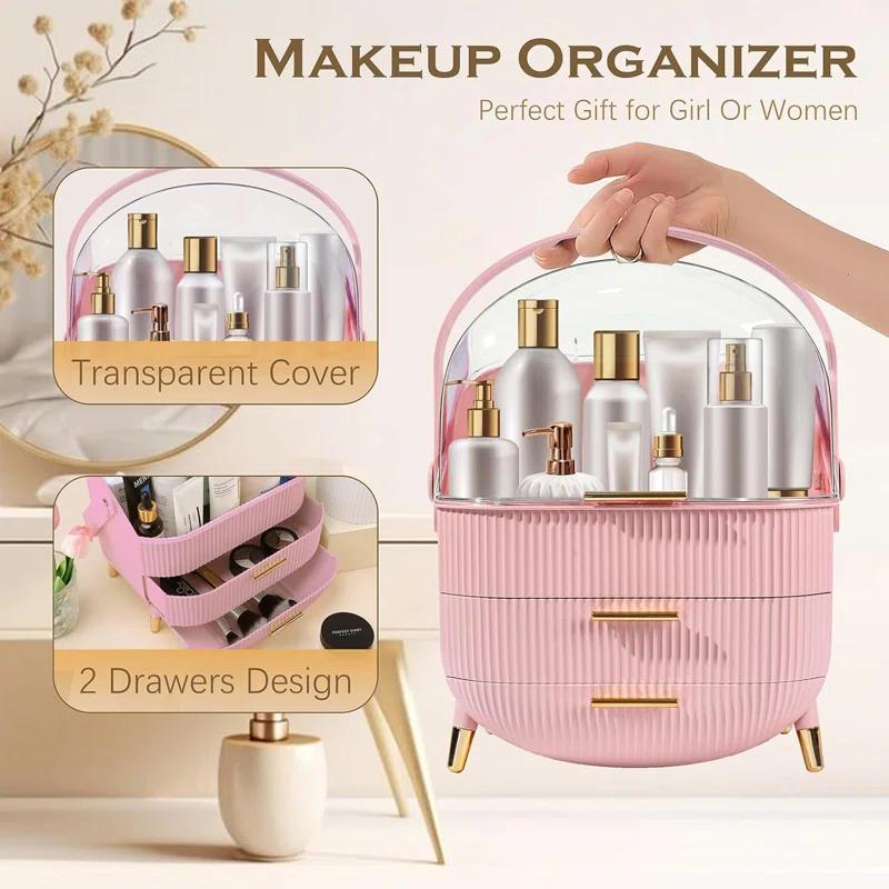 Rebrilliant Makeup Organizers And Storage, Make Up Organizer For Vanity Cosmetics Skincare Organizers With Lid And Drawers Display Cases For Countertop(Pink)