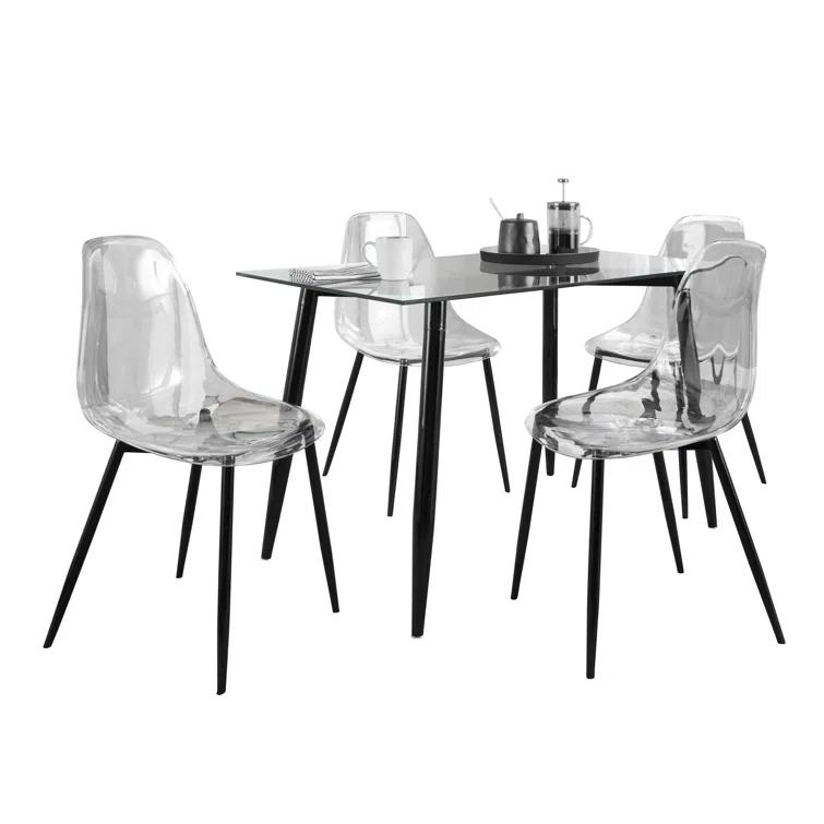 LumiSource Clara Mid-Century Modern Dining Set In Walnut Metal, Clear Glass Tabletop And Clear Acrylic - 5 Piece