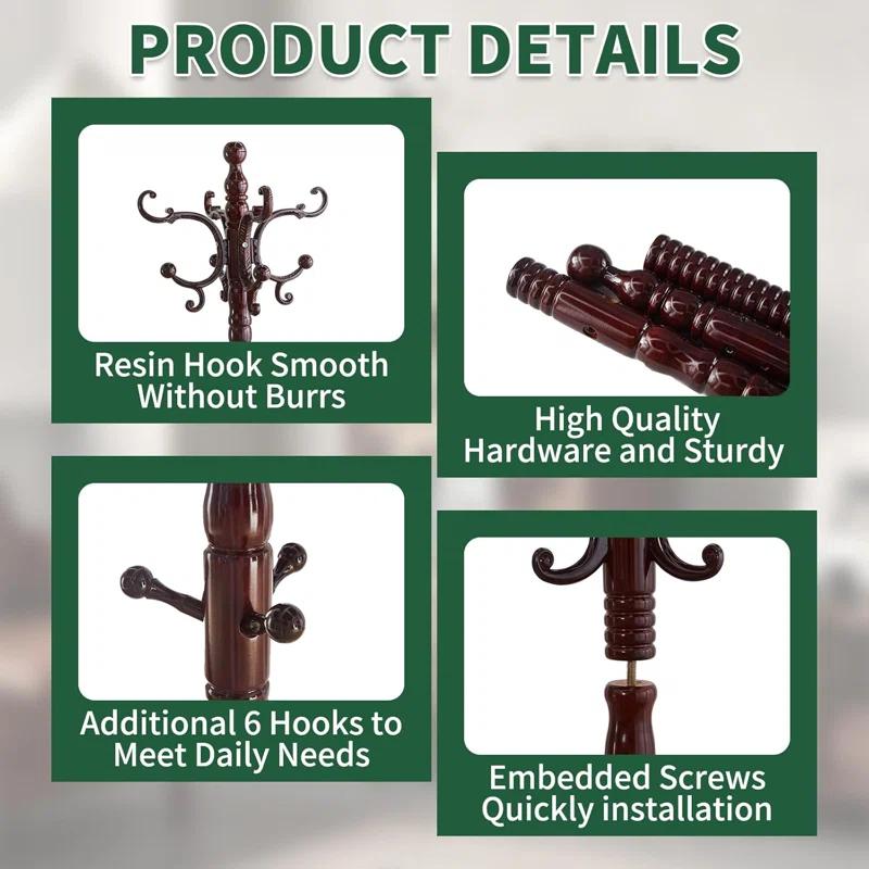 Red Barrel Studio® Wood Coat Rack Stand, Wooden Coat Rack Freestanding With Sturdy Round Base, Coat Racks With 14 Hooks, Natural Birch Wood Entryway Coat Tree Hanger Stand Easy To Assemble