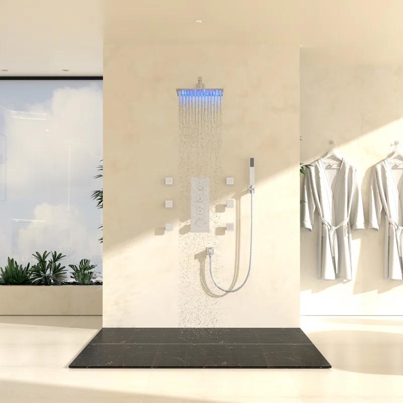 3-Function LED Light Thermostatic Rainfall Shower System with 6 Body Jets and Rough-in Valve