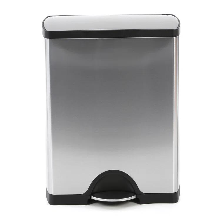 simplehuman Rectangular Dual Compartment Recycling Kitchen Step Trash Can, 46 Liter, Stainless Steel