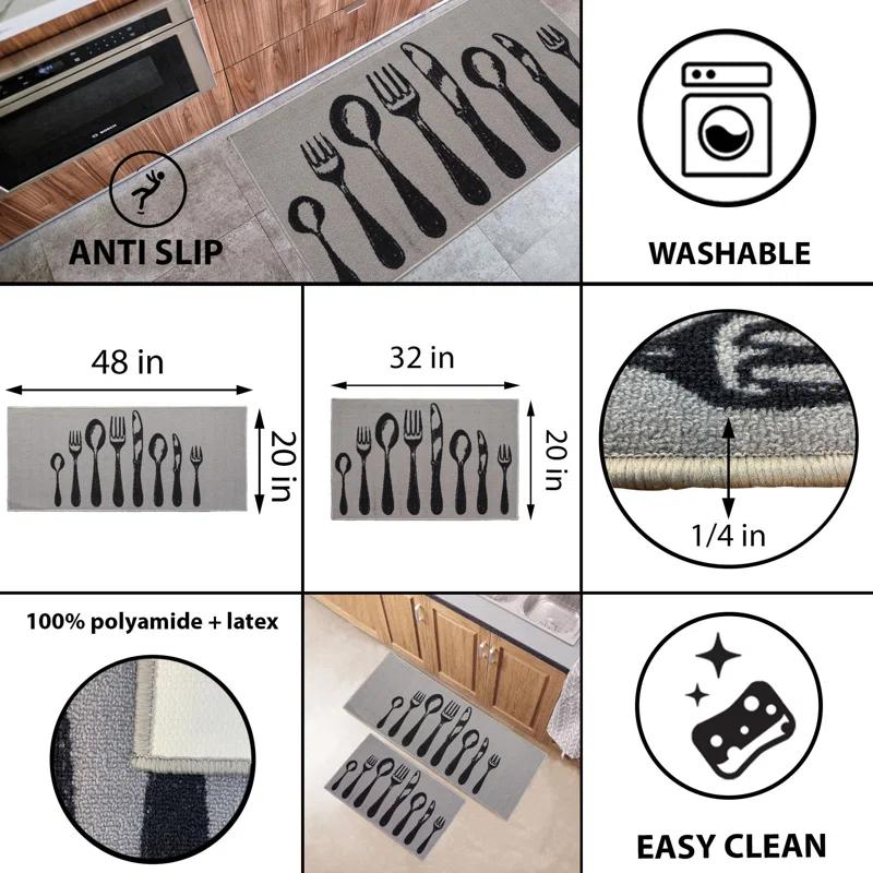 Evideco Comfort Chef Kitchen Runner Mats, Cutlery Design, Low-Profile, Universal Fit, 32"/48"L x 20"W (Set of 2)