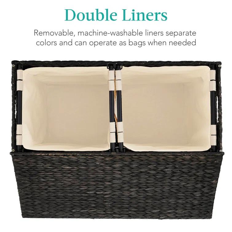 Bayou Breeze Large Water Hyacinth Double Laundry Hamper Basket w/ 2 Liner Bags, Handles