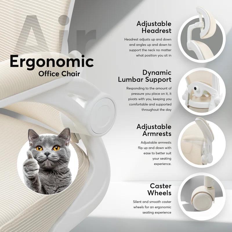 Oline Oline ErgoAir Ergonomic Office Chair – Adjustable Lumbar Support, Flip-Up Armrests, Mesh Computer Desk Chair, Swivel Rolling Executive Gaming Chair for Home & Office