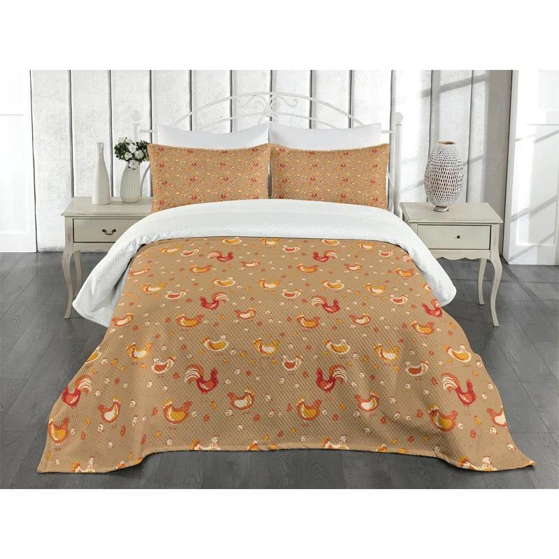 Ambesonne Ambesonne Hen and Chicks Bedspread Set Farm Family Animals Camel Vermilion