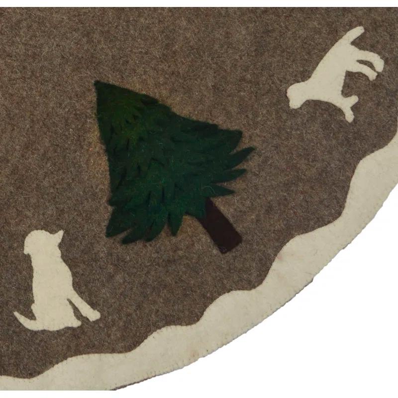 Arcadia Home Cream Dogs and Green Trees Christmas Tree Skirt on Gray in Hand Felted Wool