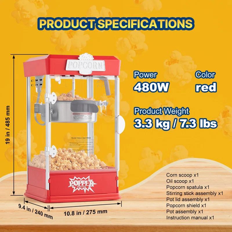 Stellweilan Tessberg Popcorn Popper Machine Tabletop Popcorn Maker 480W 4 Oz
