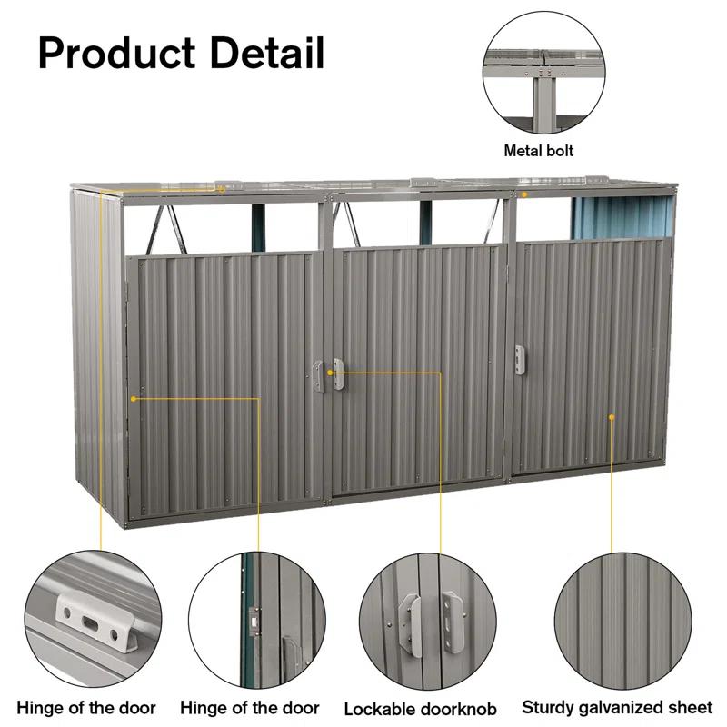 Alxfarton Garbage Bin Shed Stores 3 Trash Cans Metal Outdoor Bin Shed For Garbage Storage