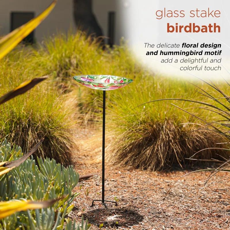 Alpine Glass Stake Bird Bath with Flowers and Hummingbird | Wayfair