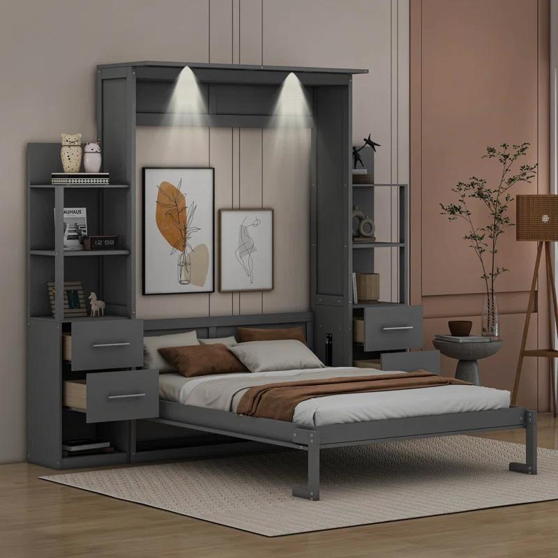 Cosmic Full Size Murphy Bed Wall Bed with Shelves, Drawers and LED Lights