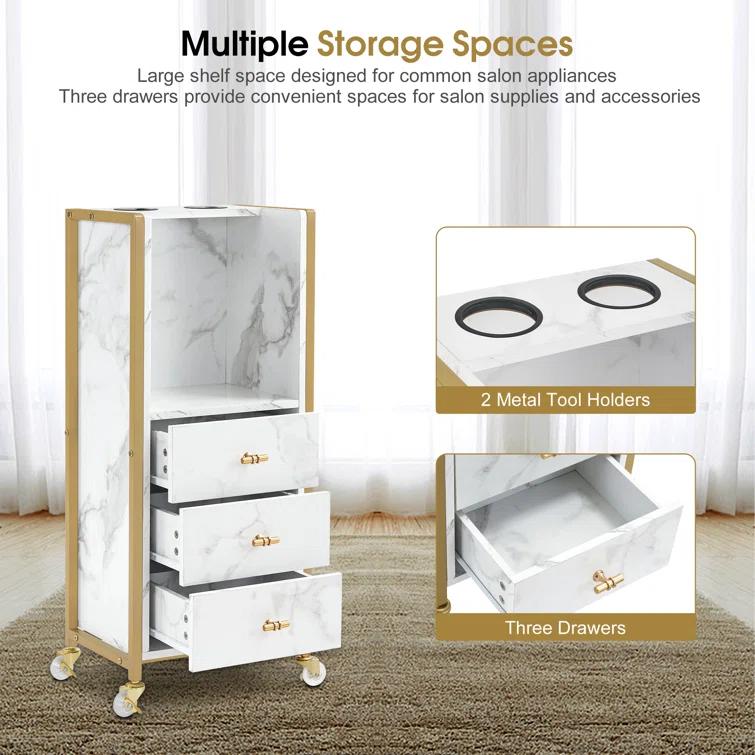 BarberPub Salon Utility Cart with Hair Dryer Holders and 3 Drawers, Lockable Wheels