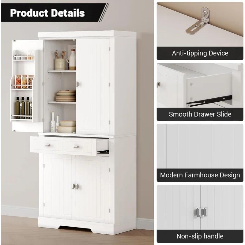 Lark Manor™ 72" Tall Kitchen Pantry Storage Cabinet, Freestanding High Wooden Cupboard With 4 Doors And 1 Drawer, 2 Adjustable Shelves And 6 Door Shelves