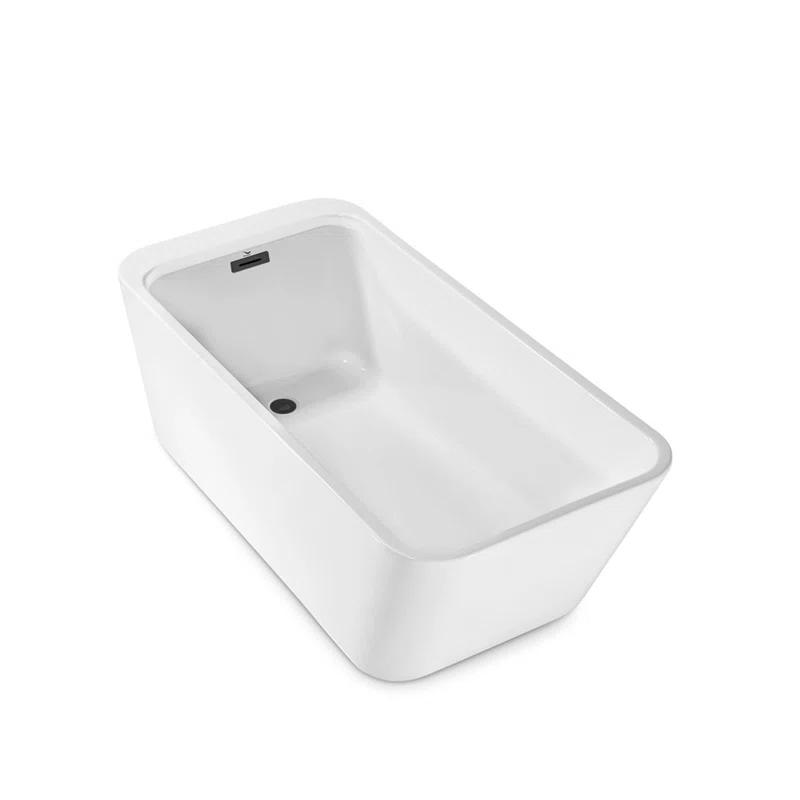 63" Streamline Freestanding Soaking Acrylic Bathtub With Drain and Bamboo Tray