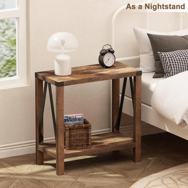 Gracie Oaks Farmhouse End Table For Small Spaces, Narrow Side End Table With Storage Shelf, Rustic A-Design Nightstand Sofa Table For Living Room, Bedroom 2 Pack