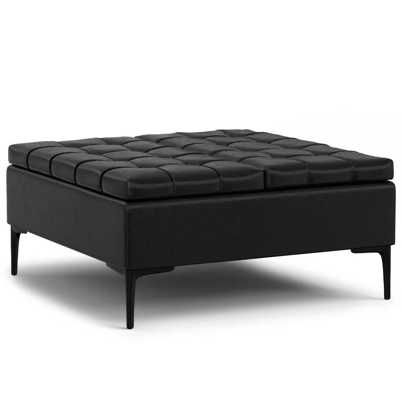 Simpli Home Laura 36"W Upholstered Square Storage Ottoman with Split Lift Top and 2 Storage Compartments