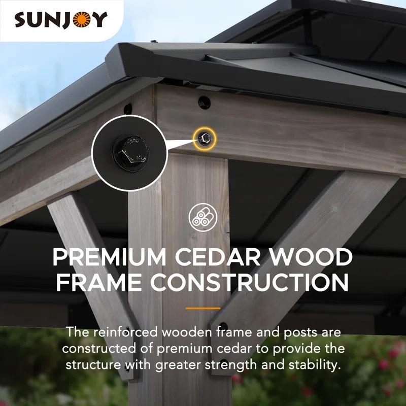 Sunjoy 12x16 ft. Wood Gazebo, Outdoor Patio Steel Hardtop Gazebo, Cedar Framed Wooden Gazebo with 2-tier Metal Roof