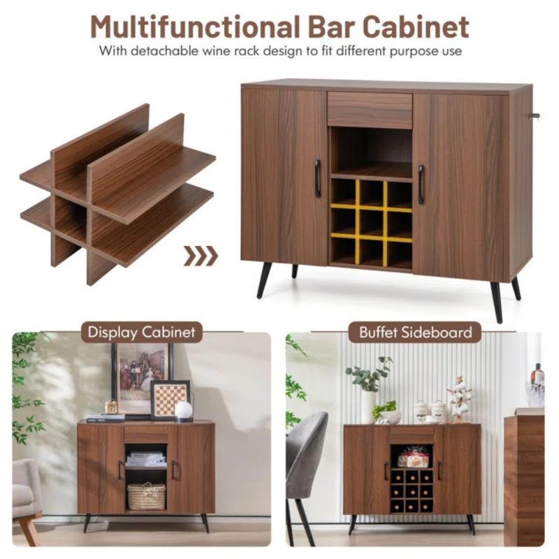 George Oliver Mid-Century Modern Buffet Sideboard Server Cabinet With 9-Bottle Wine Rack