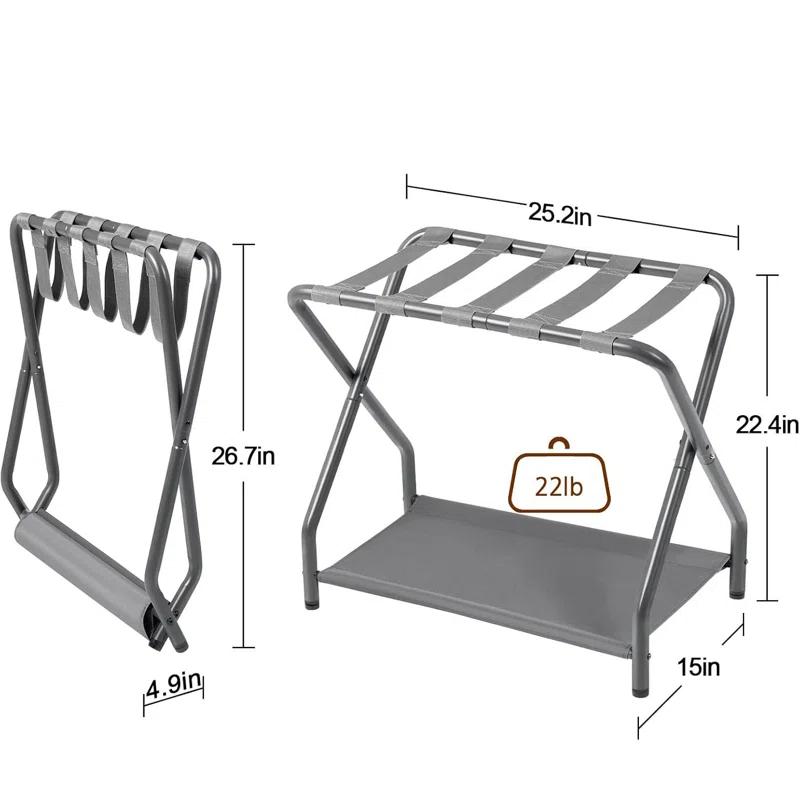 MEBROT Set Of 2, Foldable Suitcase Stands For Guest Room, Metal Luggage Holder With Storage Shelf For Bedroom, Hotel, Easy Assemble