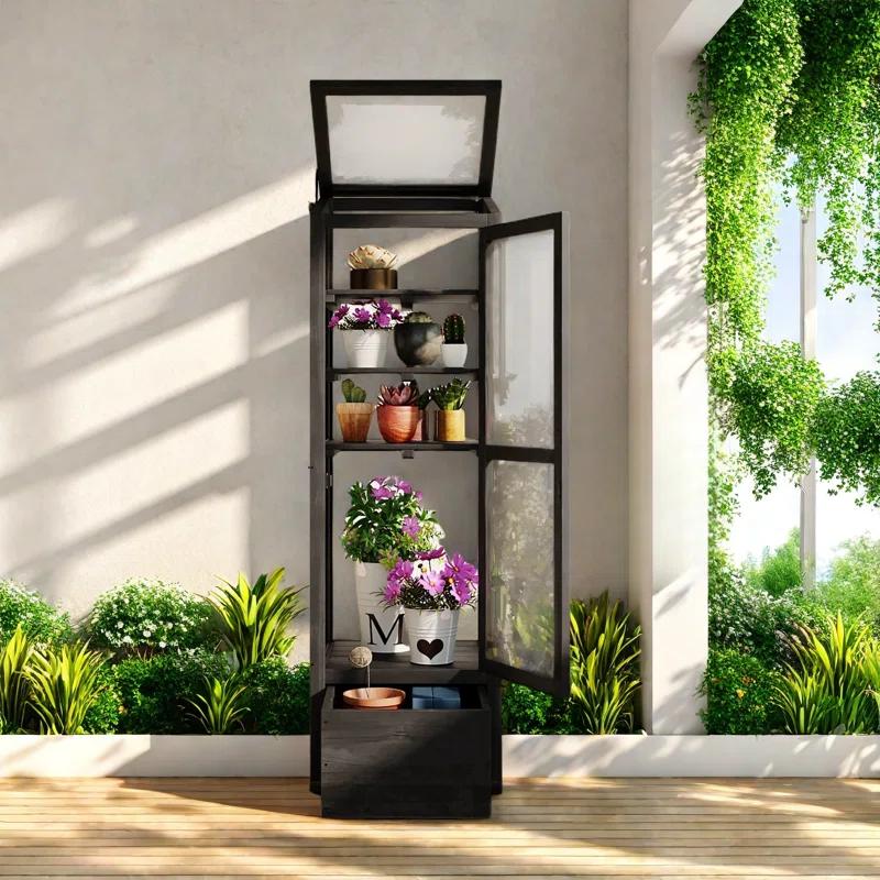 mosaicmotifco Wood Garden Greenhouse Balcony Portable Mini Cold Frame With Movable Storage Box, Adjustable Shelves And 1 Drawer