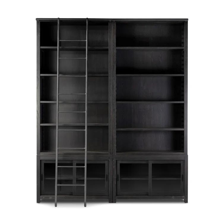 Worn Black Oak Double Bookcase with Iron Ladder