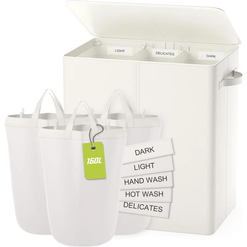 Latitude Run® 160L Laundry Hamper 3 Section, Dirty Clothes Hamper With Lid