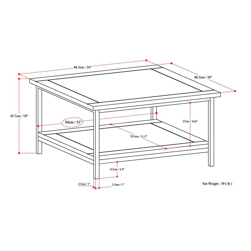 Simpli Home Skyler 34"W Solid Mango Wood Industrial Square Coffee Table with Open Shelf and Metal Frame