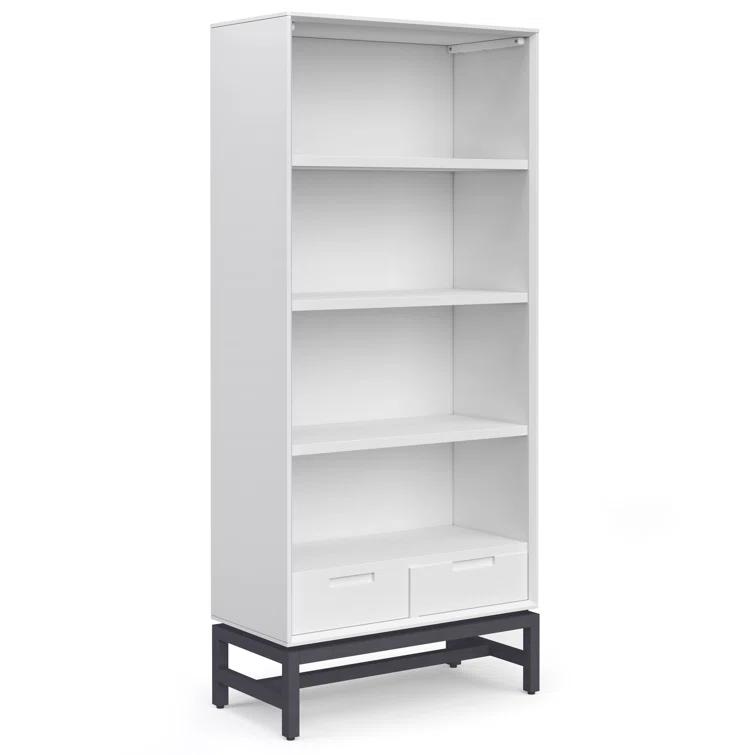 Simpli Home Banting 30"W Solid Wood 4 Shelf Industrial Bookcase with 2 Drawers, Adjustable Shelves, and Metal Base