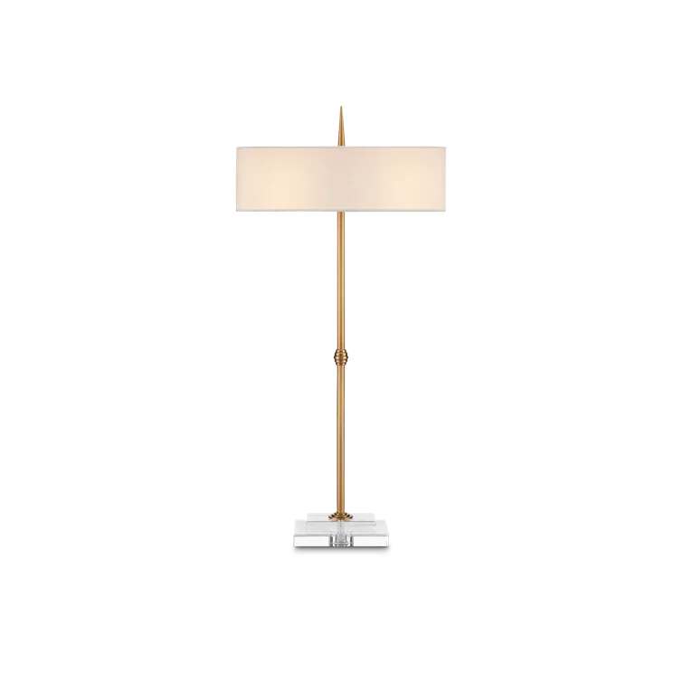 Antique Brass and Bone Linen Adjustable Table Lamp with Crystal Base