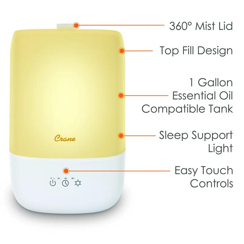 Crane USA Top Fill Cool Mist Humidifier - 1 Gallon with Sleep Support Light & Essential Oil Tray