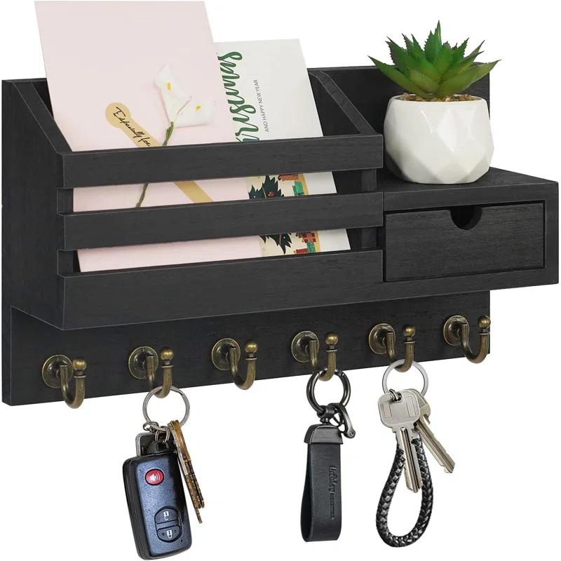 Winston Porter Wall Mount Key And Mail Organizer With 6 Hooks, Storage Drawer, Easy Installation For Entryway, Hallway, Home Decor