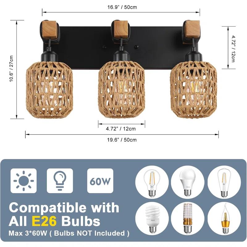 BEAUTY DEPOT Rustic Wood Bathroom Vanity Light Fixture With Boho Wicker Lampshade, 3-Light Farmhouse Wall Sconce For Bedroom, Hallway, Living Room, Black Rattan Design
