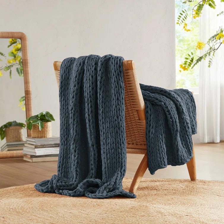 Madison Park Slate Blue Ruched Fur Throw 50x60"