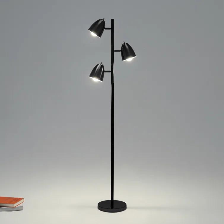 Brightech Jacob 64" Modern 3-Light Adjustable LED Floor Lamp with Black Finish and Metal Cone Shades, Bulbs Included