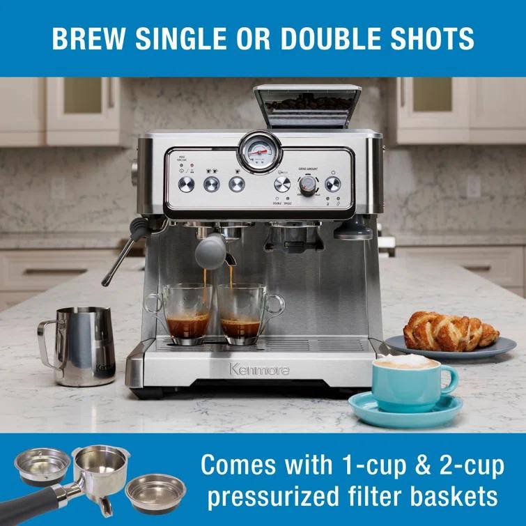 Kenmore Kenmore Espresso Machine With Grinder & Milk Frother, 15 Bar Espresso Coffee Maker, Stainless Steel