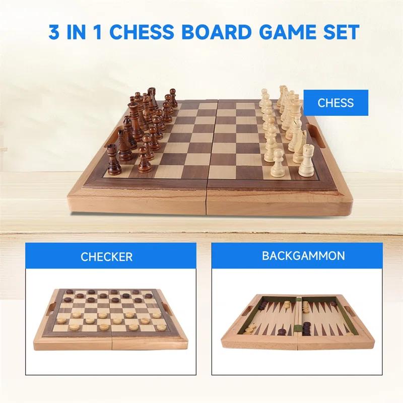 GSE 3-in-1 Wooden Folding Chess, Checker and Backgammon Board Game Combo Set